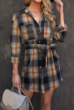 Load image into Gallery viewer, Plaid Tie Waist Button Down Shirt Dress