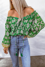 Load image into Gallery viewer, Green Floral Print Tassel Tie Off Shoulder Blouse