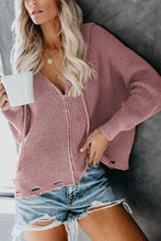 Load image into Gallery viewer, Zipper V-Neck Dropped Sleeve Hooded Solid Sweater