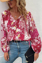 Load image into Gallery viewer, Patchwork Buttoned Tie-Neck Balloon Sleeve Blouse