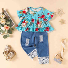 Load image into Gallery viewer, Girls Floral Round Neck Top and Lace Trim Distressed Jeans Set