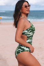 Load image into Gallery viewer, Green Asymmetric One Shoulder Camouflage One-Piece Swimwear