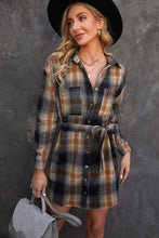 Load image into Gallery viewer, Plaid Tie Waist Button Down Shirt Dress