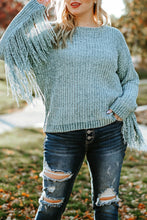 Load image into Gallery viewer, Gray Plus Size Fringed Long Sleeve Knit Sweater