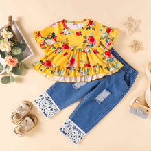 Load image into Gallery viewer, Girls Floral Round Neck Top and Lace Trim Distressed Jeans Set