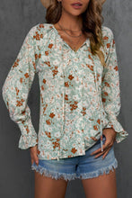 Load image into Gallery viewer, Green Floral Print Tie V Neck Button Up Blouse