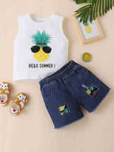 Load image into Gallery viewer, HELLO SUMMER Pineapple Graphic Tank and Raw Hem Denim Shorts Set