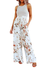 Load image into Gallery viewer, White Striped Floral Pocket Sleeveless Jumpsuit