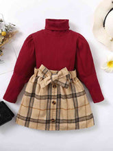 Load image into Gallery viewer, Turtle Neck Long Sleeve Ribbed Top and Plaid Skirt Set