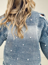 Load image into Gallery viewer, Pearl Embellished Ripped Button Down Denim Jacket