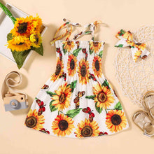 Load image into Gallery viewer, Sunflower Print Smocked Tie Shoulder Dress