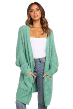 Load image into Gallery viewer, Green Long Line Open Front Knitted Cardigan With Pockets