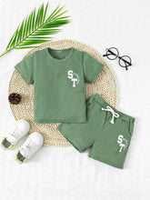 Load image into Gallery viewer, Graphic Waffle-Knit Round Neck Top and Shorts Set
