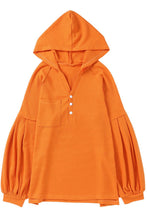 Load image into Gallery viewer, Puff Sleeve Side Slit Buttoned Waffle Knit Hoodie