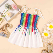 Load image into Gallery viewer, Rainbow Color Tie Shoulder Smocked Dress