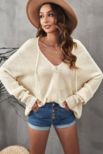 Load image into Gallery viewer, Zipper V-Neck Dropped Sleeve Hooded Solid Sweater