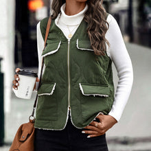 Load image into Gallery viewer, Green V-Neck Side Pocket Zipper Up Vest Coat