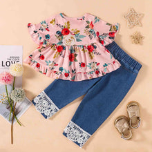Load image into Gallery viewer, Girls Floral Round Neck Top and Lace Trim Distressed Jeans Set