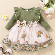 Load image into Gallery viewer, Girls Floral Bow Detail Ruffle Shoulder Tulle Dress