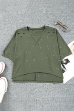 Load image into Gallery viewer, Green Distressed Bleached Asymmetric Hem Short Sleeve Top
