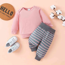 Load image into Gallery viewer, Round Neck Long Sleeve Tee and Stripe Pants Set
