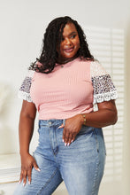 Load image into Gallery viewer, Double Take Leopard Lace Trim Ribbed Round Neck Top
