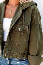 Load image into Gallery viewer, Green Large Pockets Hooded Cropped Denim Jacket
