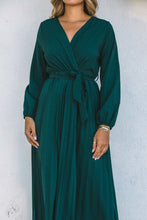 Load image into Gallery viewer, Green Pleated V Neck Wrap Waist Tie Dress
