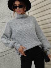 Load image into Gallery viewer, Woven Right High Neck Balloon Sleeve Rib-Knit Pullover Sweater
