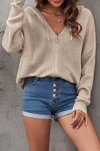 Load image into Gallery viewer, Zipper V-Neck Dropped Sleeve Hooded Solid Sweater
