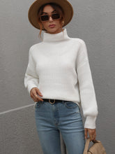 Load image into Gallery viewer, Woven Right High Neck Balloon Sleeve Rib-Knit Pullover Sweater
