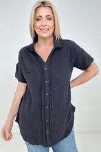 Load image into Gallery viewer, Zenana "April" Gauze Button Down Raw Edge Short Sleeve Top
