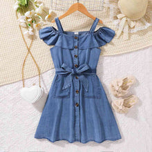 Load image into Gallery viewer, Girls Cold-Shoulder Buttoned Denim Dress
