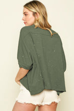 Load image into Gallery viewer, Green Distressed Bleached Asymmetric Hem Short Sleeve Top
