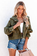 Load image into Gallery viewer, Green Large Pockets Hooded Cropped Denim Jacket
