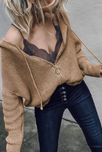 Load image into Gallery viewer, Zipper V-Neck Dropped Sleeve Hooded Solid Sweater
