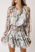 Load image into Gallery viewer, Green Floral Print Tiered Ruffled Shirred High Waist Mini Dress
