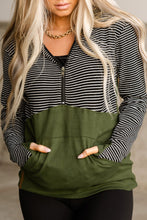 Load image into Gallery viewer, Green Half Zip Stripes Patchwork Hoodie
