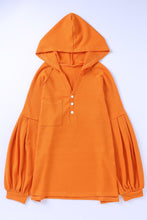 Load image into Gallery viewer, Puff Sleeve Side Slit Buttoned Waffle Knit Hoodie
