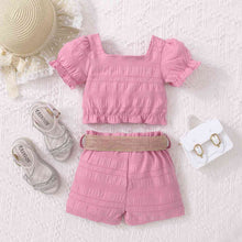 Load image into Gallery viewer, Kids Textured Bow Detail Top and Belted Shorts Set
