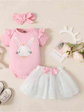 Load image into Gallery viewer, Short Sleeve Bunny Graphic Top and Bow Detail Skirt Set
