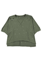 Load image into Gallery viewer, Green Distressed Bleached Asymmetric Hem Short Sleeve Top
