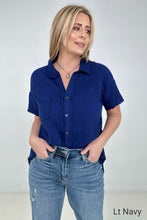 Load image into Gallery viewer, Zenana "April" Gauze Button Down Raw Edge Short Sleeve Top
