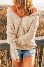 Load image into Gallery viewer, Zipper V-Neck Dropped Sleeve Hooded Solid Sweater
