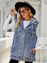 Load image into Gallery viewer, Drawstring Hooded Sleeveless Denim Top with Pockets
