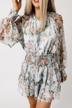 Load image into Gallery viewer, Green Floral Print Tiered Ruffled Shirred High Waist Mini Dress
