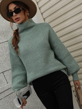 Load image into Gallery viewer, Woven Right High Neck Balloon Sleeve Rib-Knit Pullover Sweater
