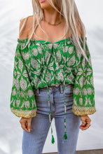 Load image into Gallery viewer, Green Floral Print Tassel Tie Off Shoulder Blouse
