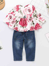 Load image into Gallery viewer, Printed Round Neck Long Sleeve Blouse and Distressed Jeans Set

