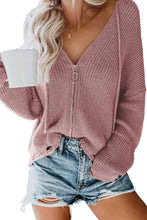 Load image into Gallery viewer, Zipper V-Neck Dropped Sleeve Hooded Solid Sweater
